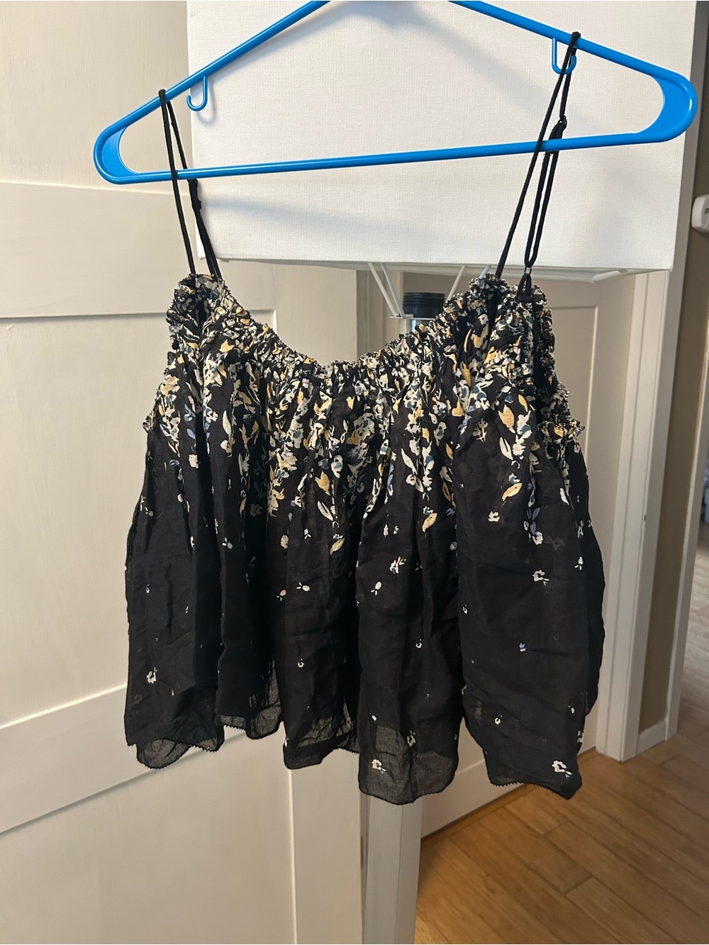 Free People Black Floral Smocked Tank with Spaghetti Straps